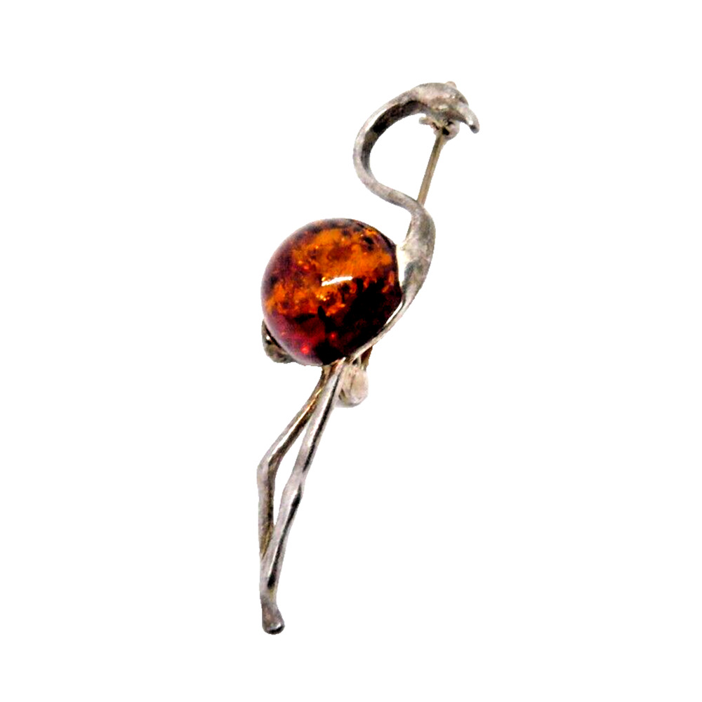 Vintage Amber Resin Sterling Silver Flamingo Pin Brooch Bird Jewelry